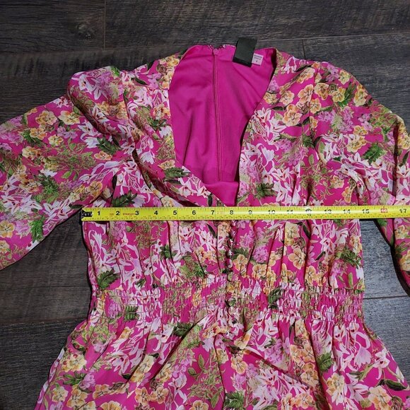 Fairycore Taylor Pink Floral 3/4 Sleeve V-Neck Button Ruffle Smocked Mini Dress - Picture 7 of 13